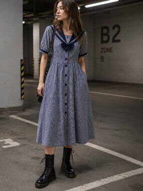 Vintage Cottontail Originals Women Sailor Dress Size 6 Navy Gingham Linen Cotton